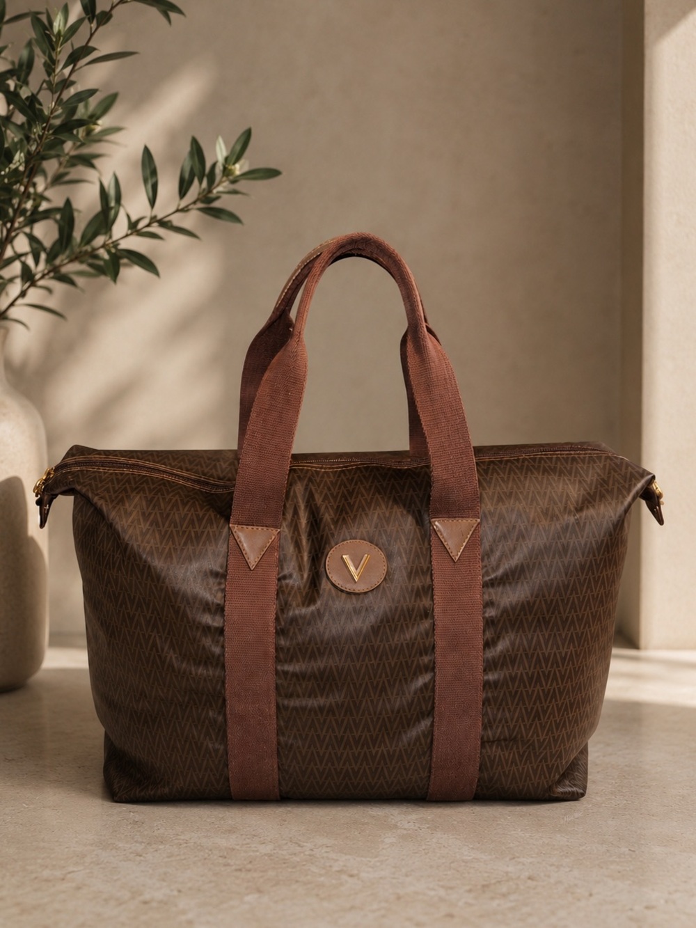 Mario Valentino Brown Logo-Print Duffel Bag with Chocolate Handles